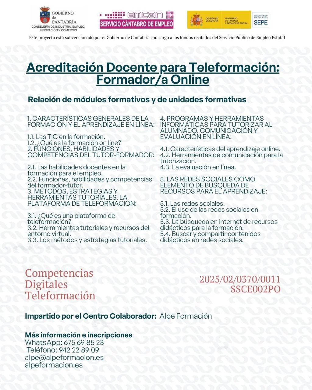 ACREDITACIÓN DOCENTE PARA TELEFORMACIÓN: FORMADOR/A ON LINE